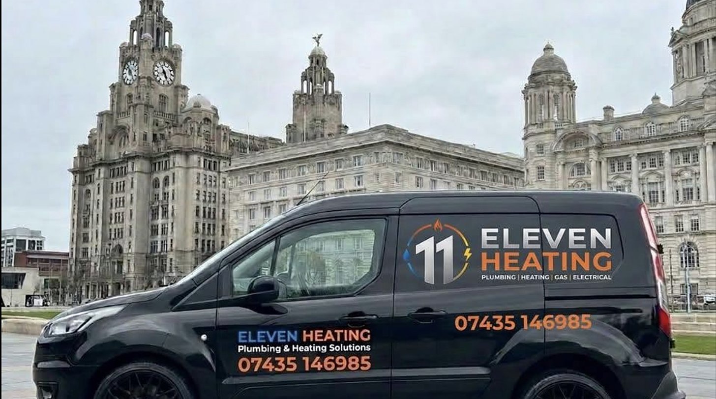 Eleven Heating van in front of the Royal Liver Building, Liverpool
