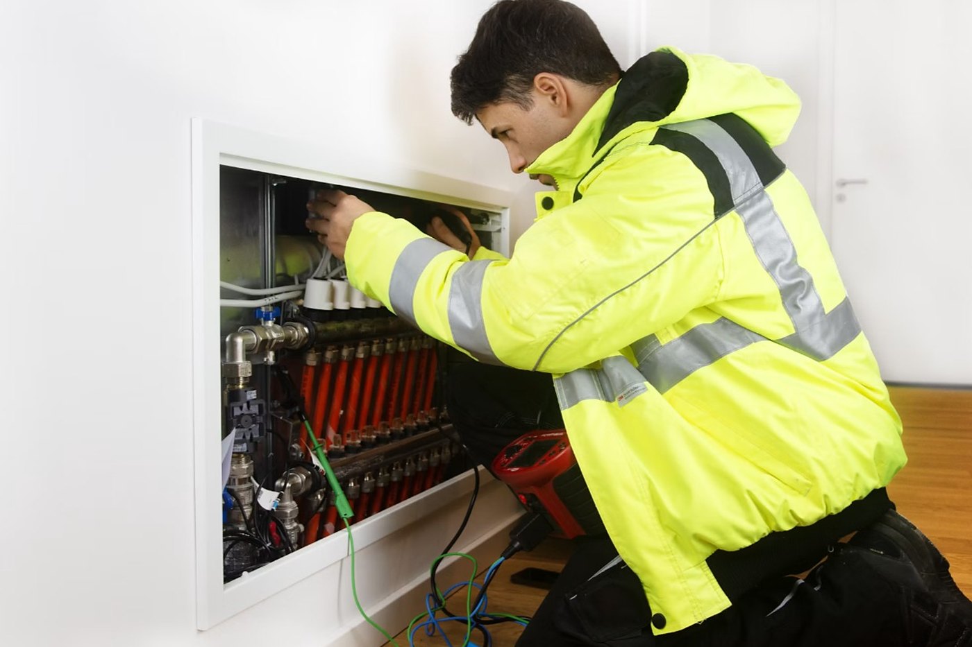 Heating engineer working on a central heating manifold